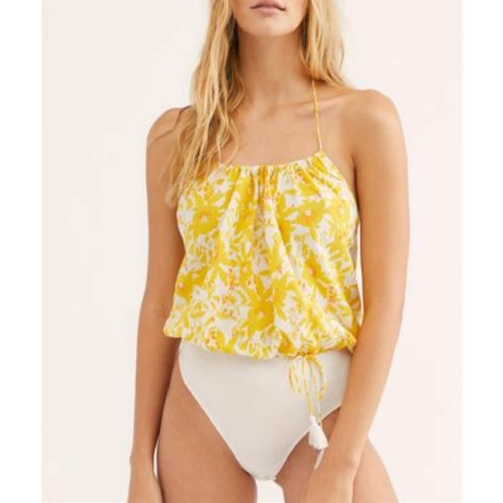 Free People NWT M Intimately Halter Bodysuit Tank Yellow Ivory Floral